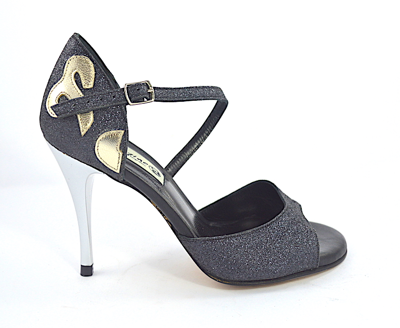 Women Argentine Tango Shoe, open toe by black glitter