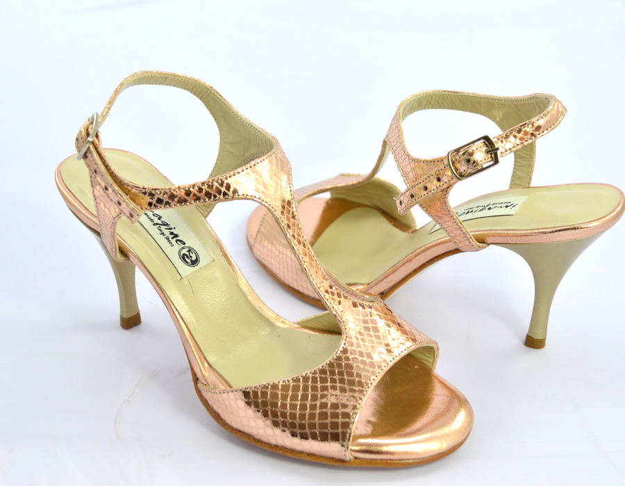 Γυναικείο παπούτσι tango open heel από ροζέ-χρυσό δέρμα φίδι