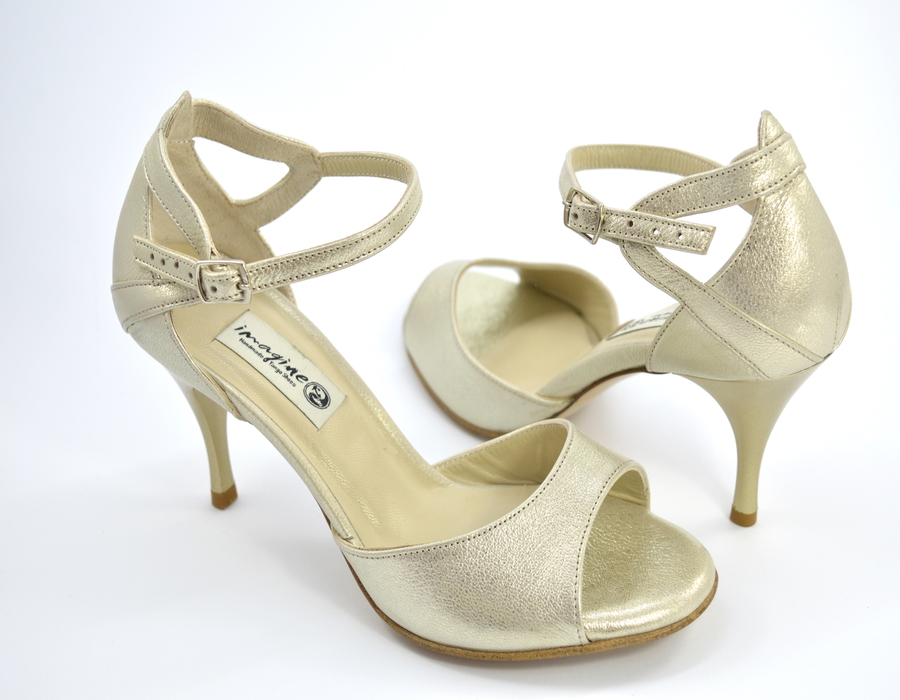Γυναικείο παπούτσι για Tango Argentino, open toe από μπεζ-χρυσό δέρμα πέρλα