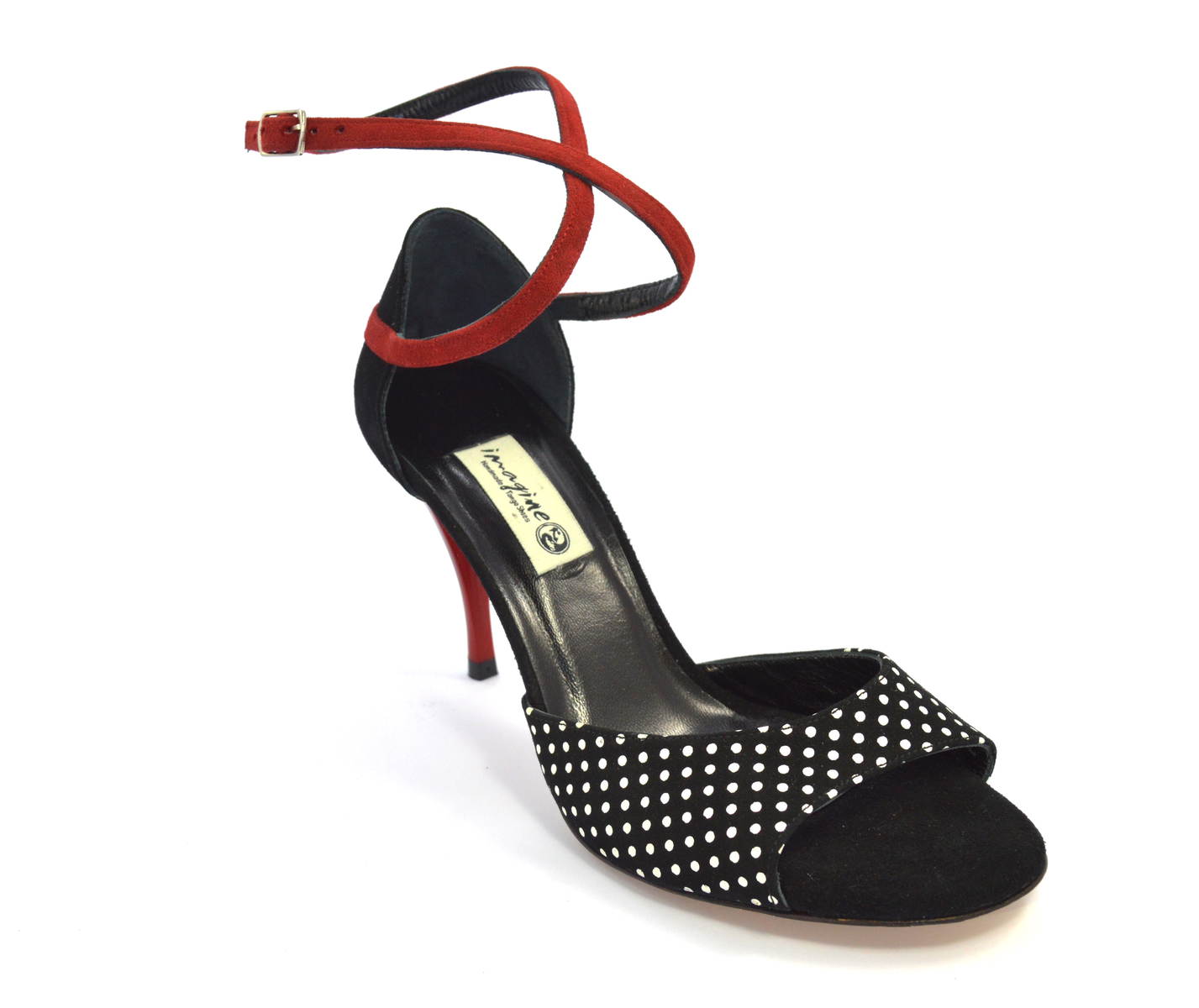 Γυναικείο παπούτσι tango open toe από μαύρο και κόκκινο σουέτ δέρμα και ασπρόμαυρο πουά