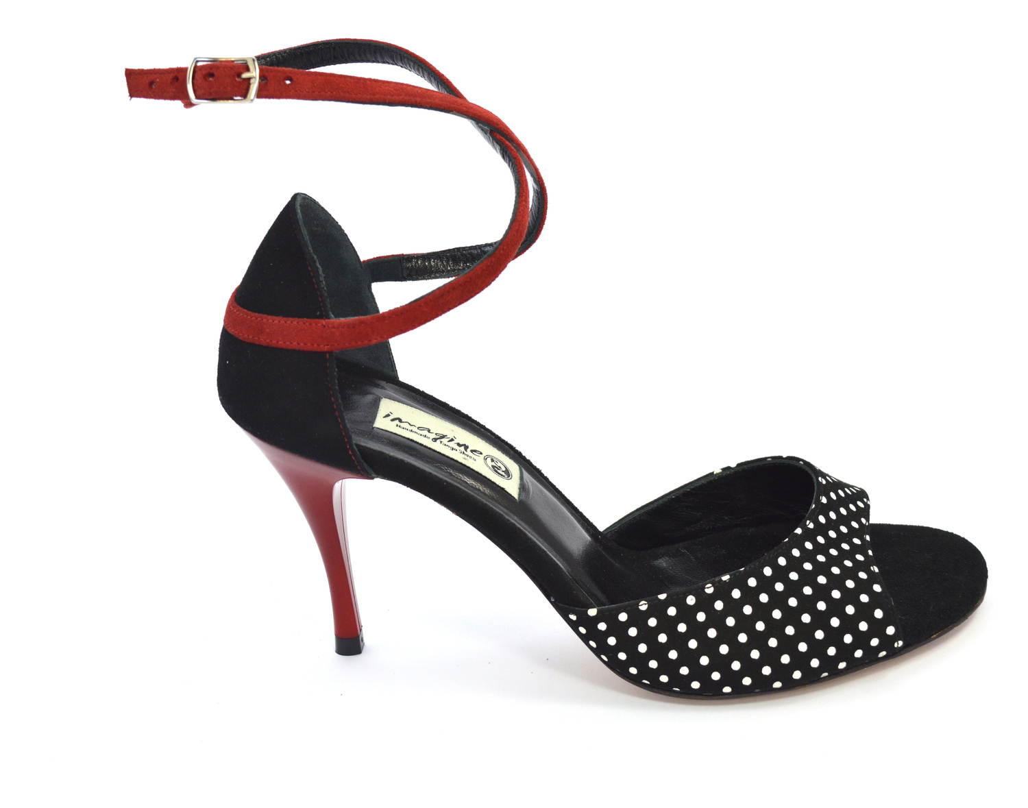 Women's Tango Shoe, with white polka dots and black-red suede leather.