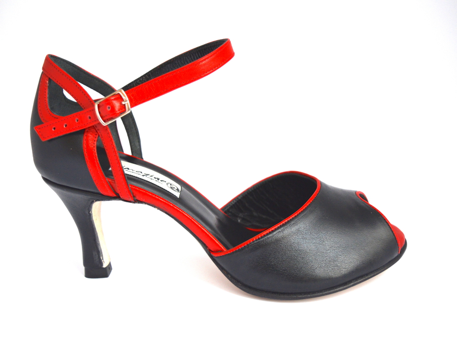 Women Argentine Tango Dance Shoes, peep toe, in red and black leather