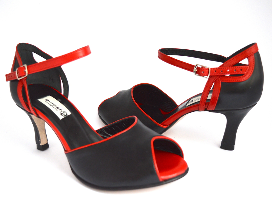 Women Argentine Tango Dance Shoes, peep toe, in red and black leather