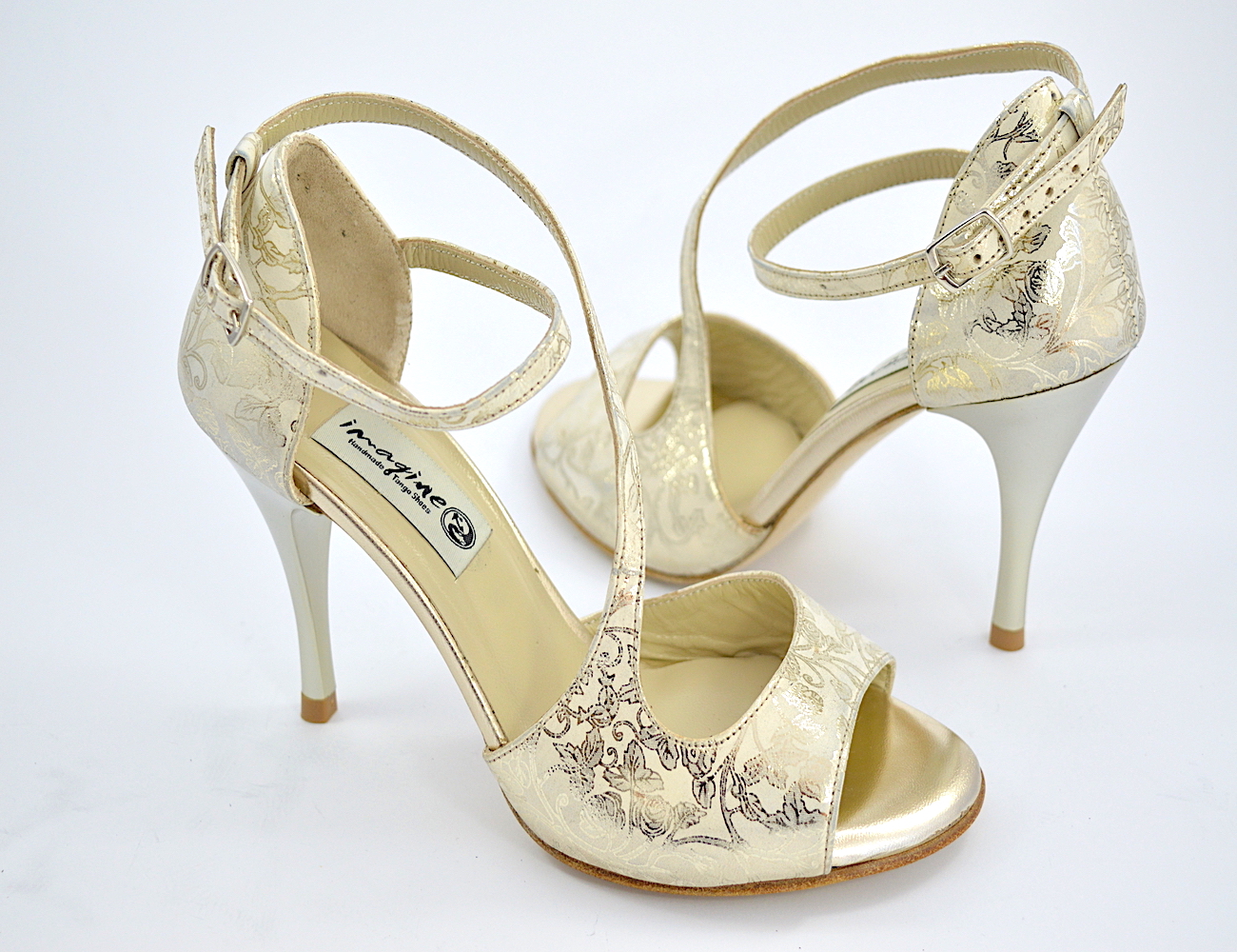 Women's Argentine Tango dance Shoes, open toe in beige suede leather with gold floral paisley prints