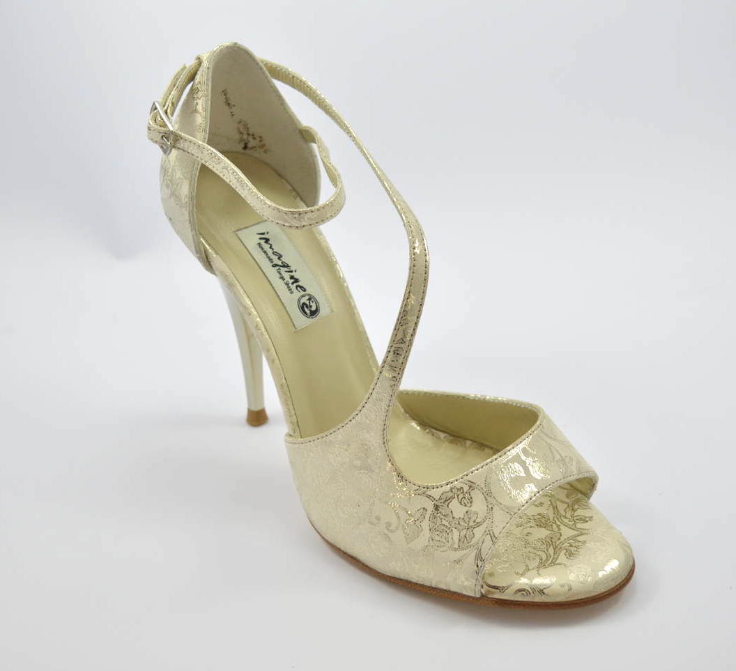 Γυναικείο παπούτσι χορού αργεντίνικου τάνγκο, από εντυπωσιακό μπεζ σουέτ δέρμα με χρυσά floral σχέδια