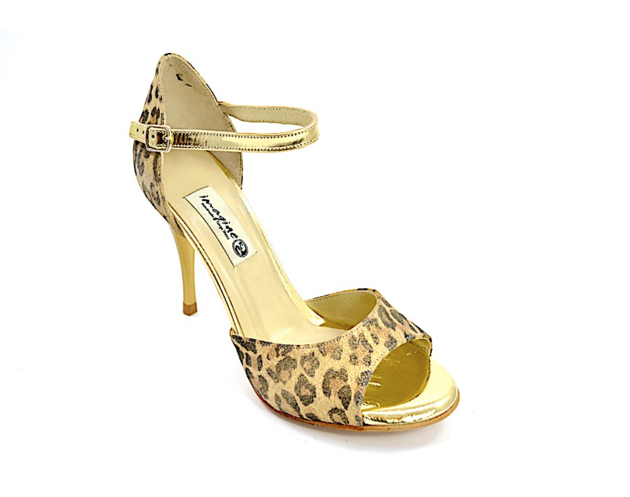 Γυναικείο παπούτσι tango, open toe από λεοπάρ και χρυσό δέρμα