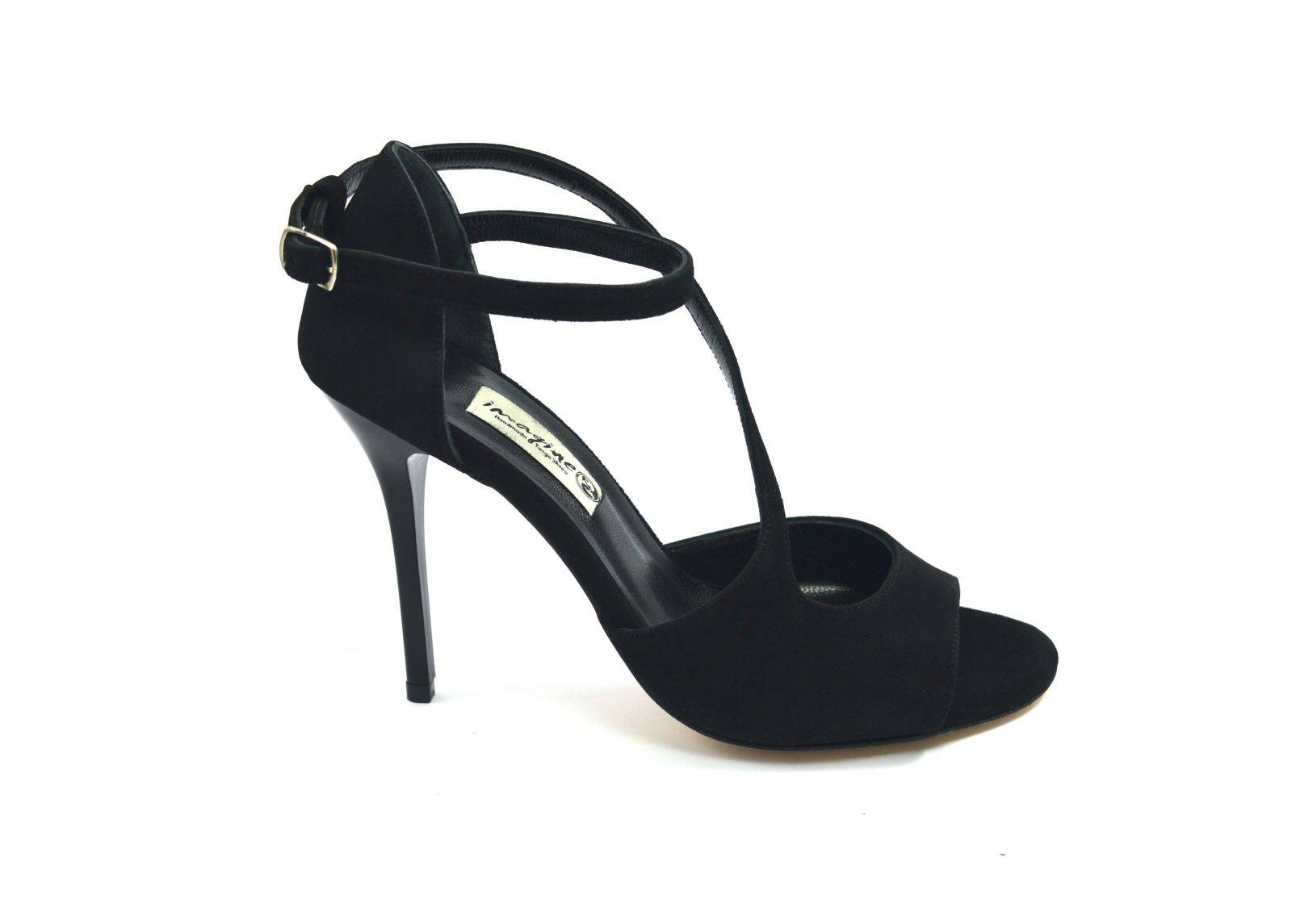 Women's argentine tango dance shoes, open toe in black suede leather