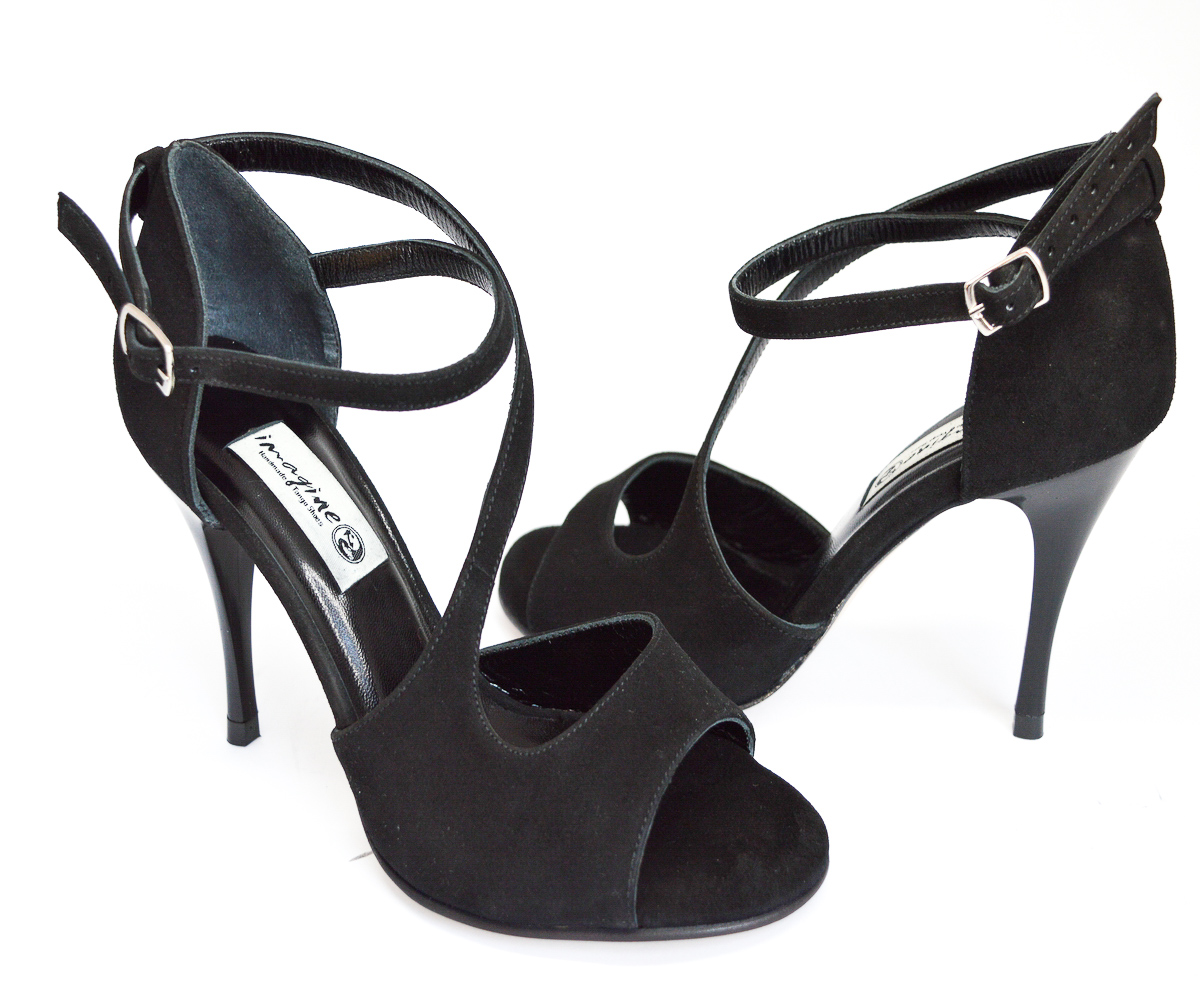 Women's argentine tango dance shoes, open toe in black suede leather
