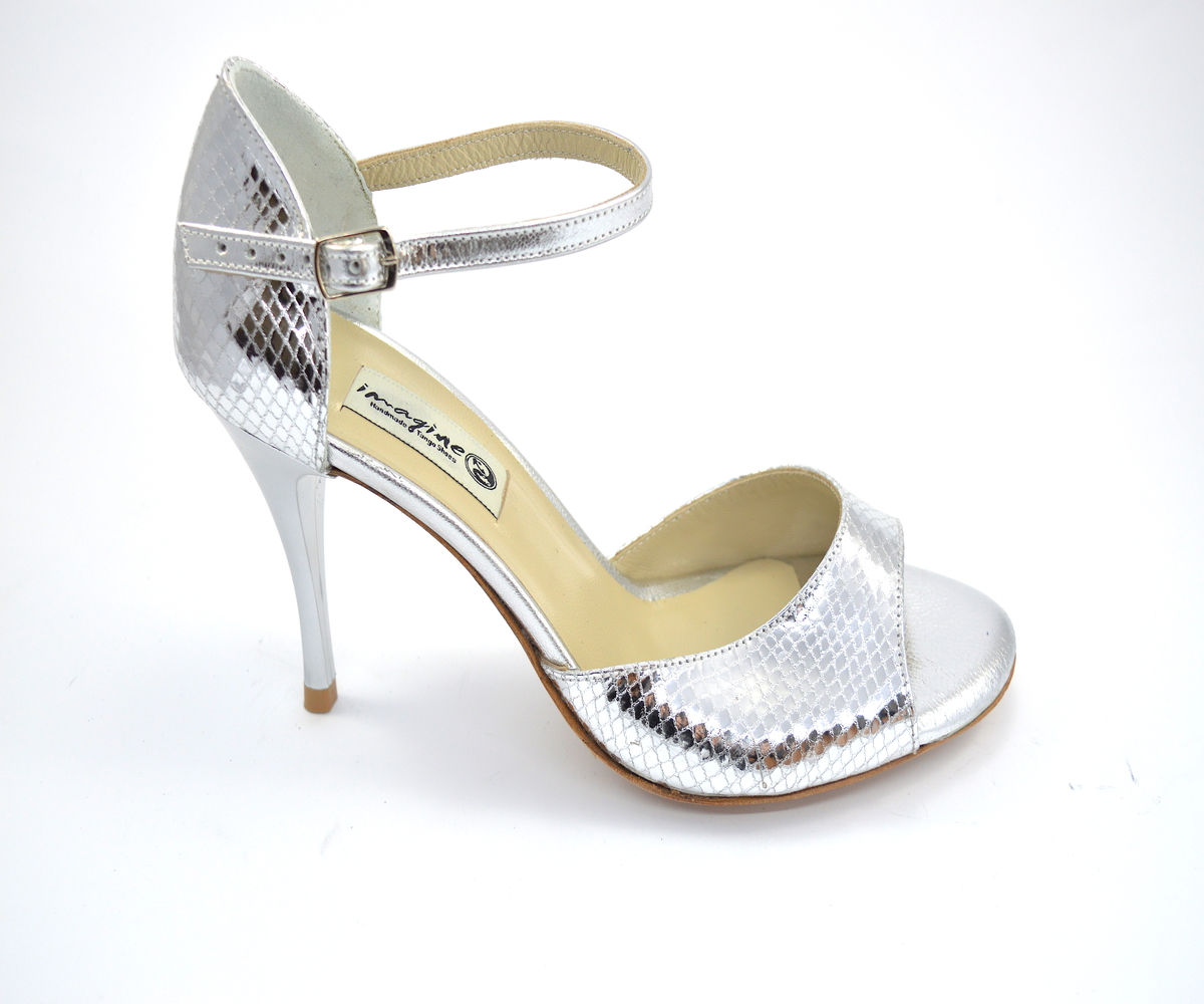 women Tango Shoes, open toe style, silver soft snake leather 