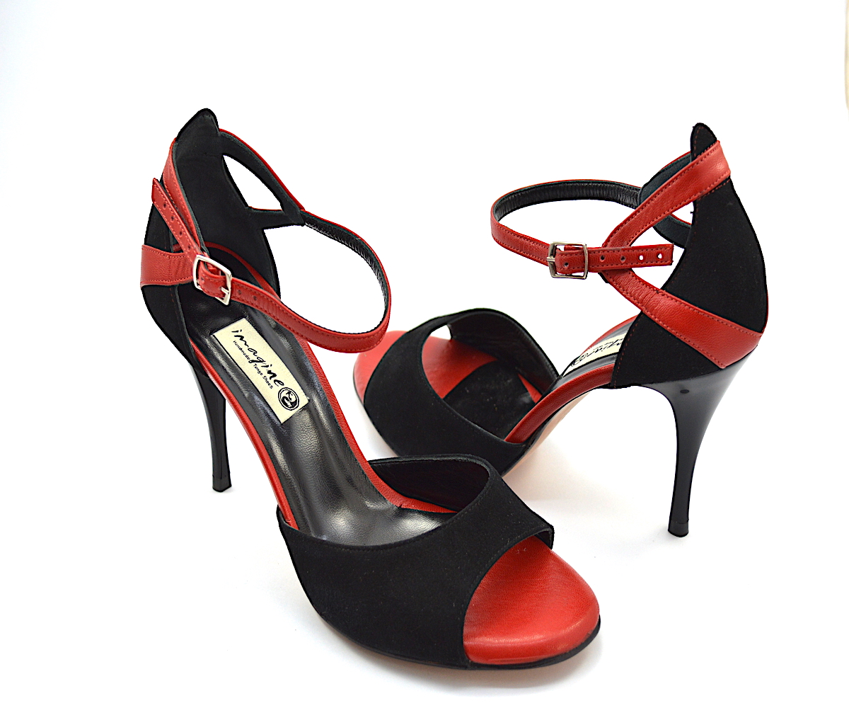 Γυναικείο παπούτσι Tango, open toe από μαύρο σουέτ και κόκκινο δέρμα