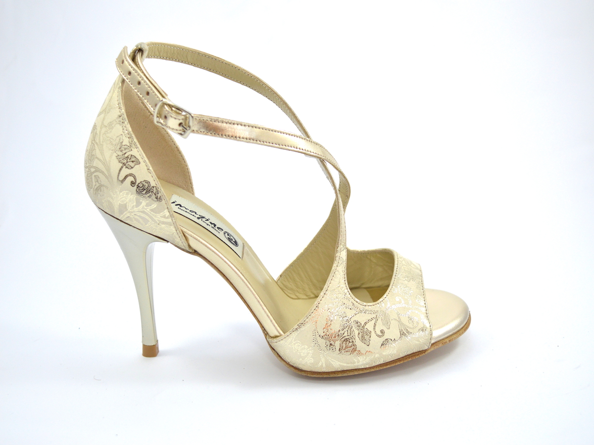 Women's Argentine Tango dance Shoes, open toe in gold leather and beige suede leather with gold floral paisley prints