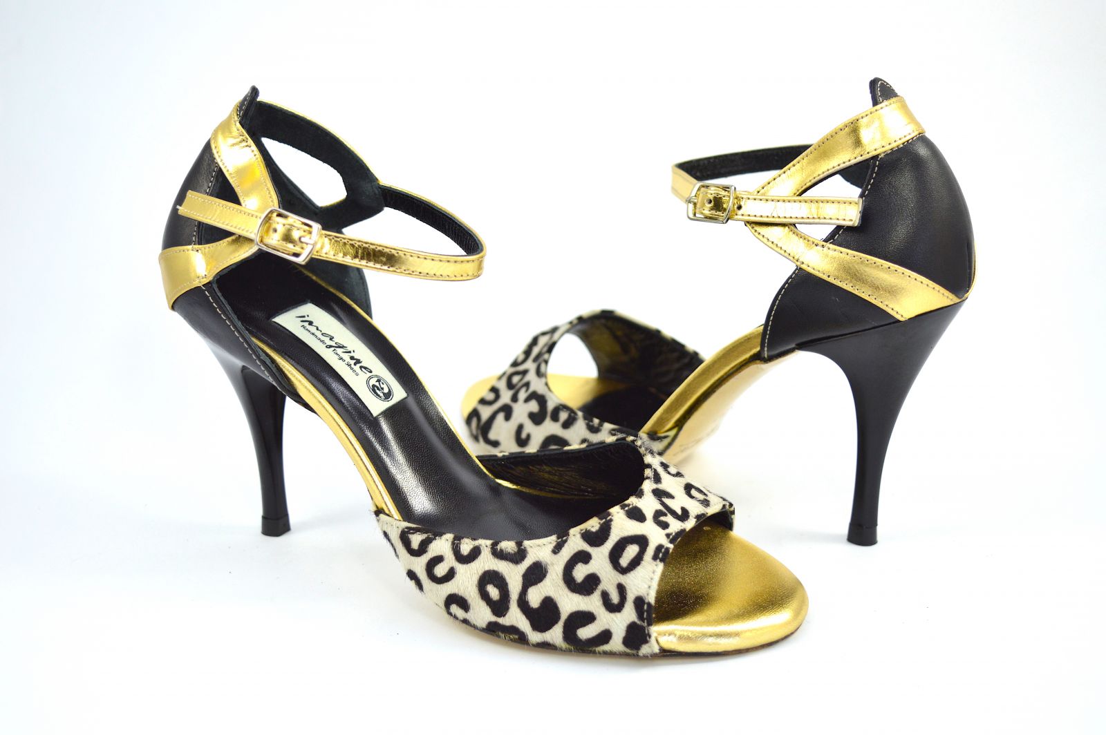 Γυναικείο παπούτσι Tango, από ασπρόμαυρο λεοπάρ και μαύρο-χρυσό δέρμα