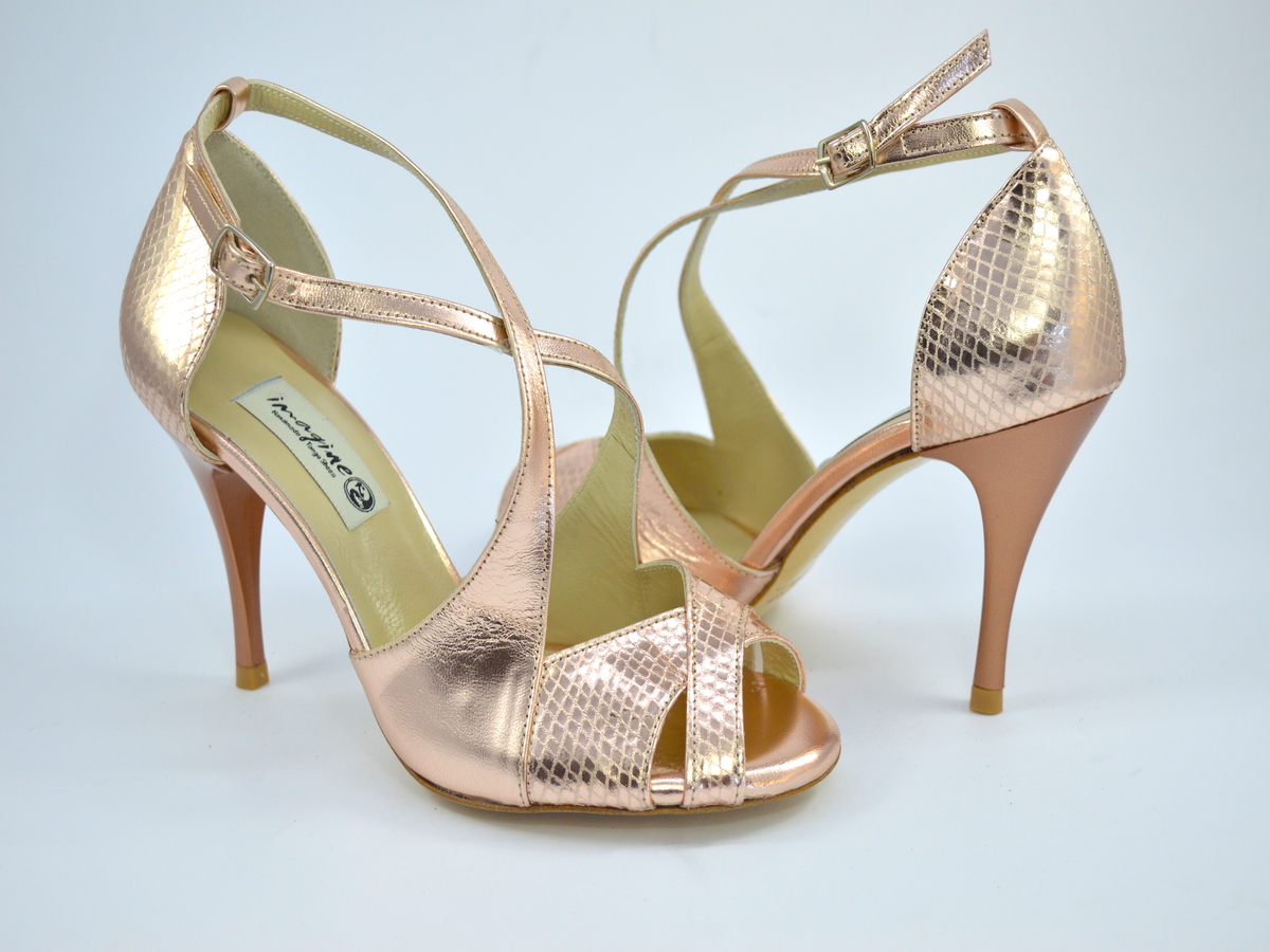 Women's Tango Shoe, peep toe style, in rose-gold soft leather and rose-gold snake leather