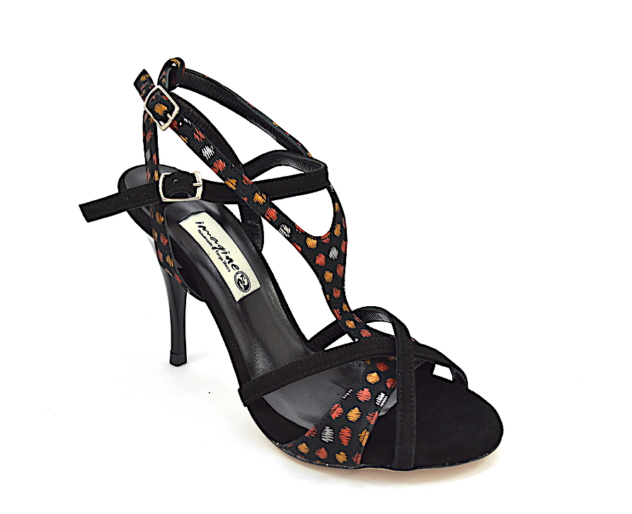 Γυναικείο ξώφτερνο παπούτσι tango από μαύρο σουέντ δέρμα με πουά χρωματιστά σχέδια