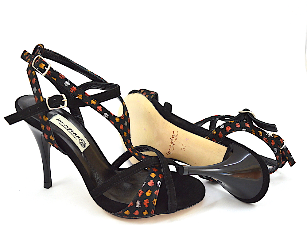 Γυναικείο ξώφτερνο παπούτσι tango από μαύρο σουέντ δέρμα με πουά χρωματιστά σχέδια