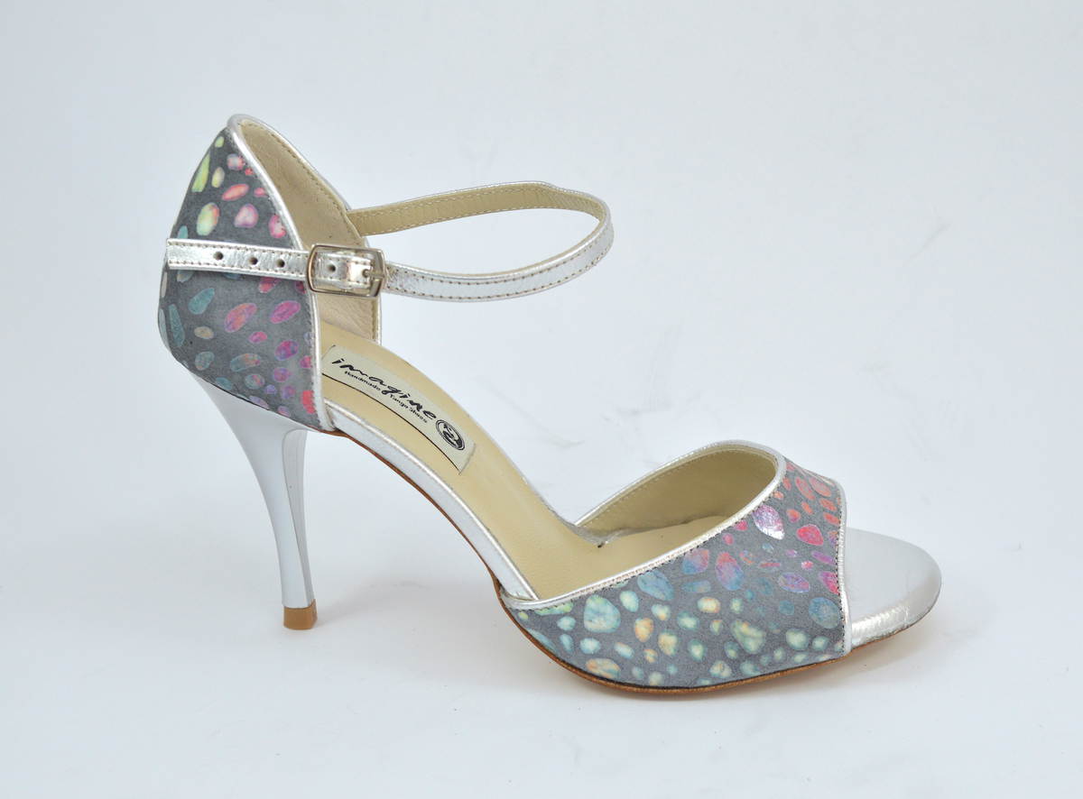 Women's Tango Shoe, open toe style, in grey with colourful dots and silver soft leather
