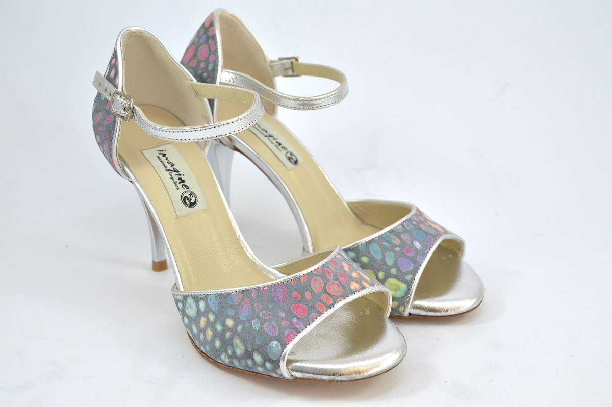 Women's Tango Shoe, open toe style, in grey with colourful dots and silver soft leather