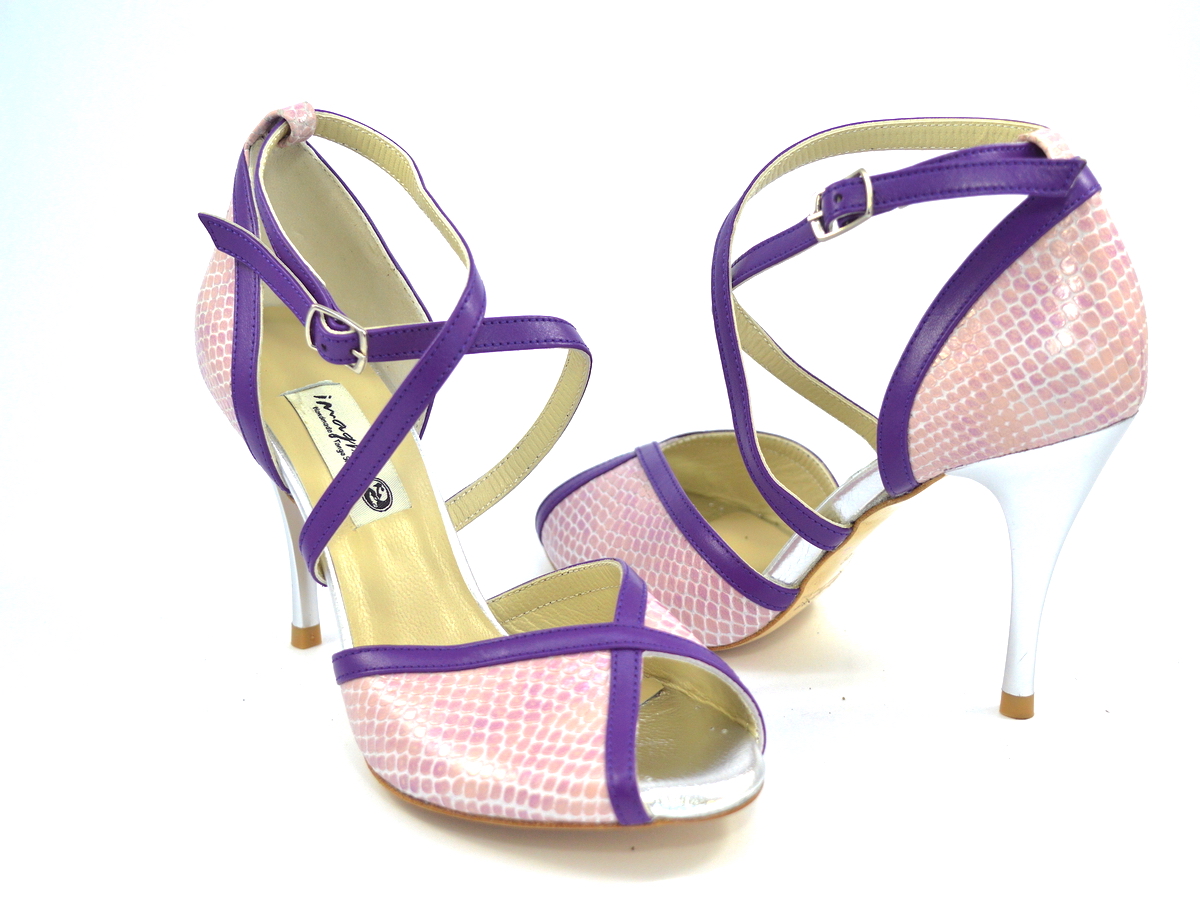 Γυναικείο παπούτσι tango peep toe από ροζ φίδι και μωβ δέρμα