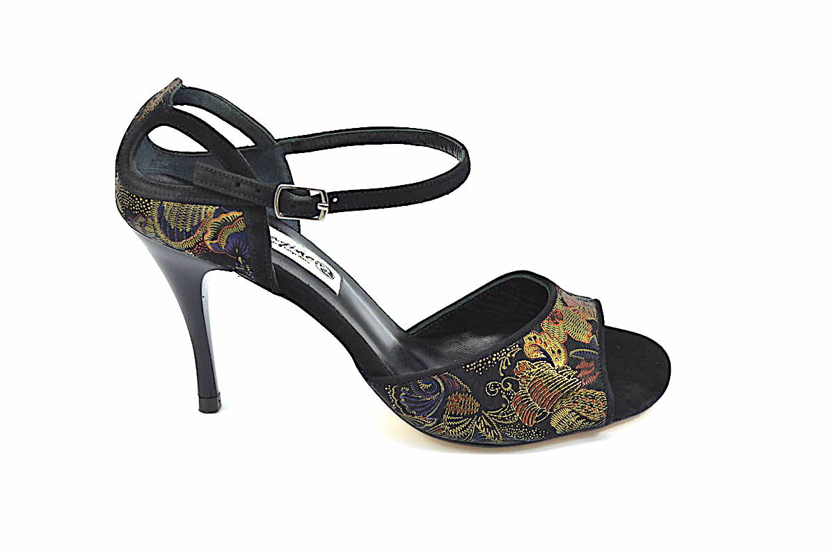 Women argentine tango dance shoes, in black suede with gold-red paisley