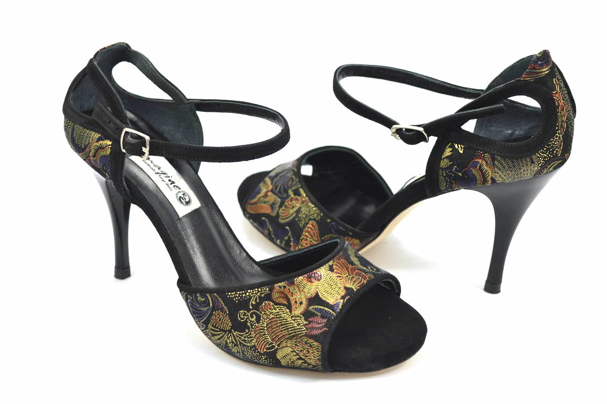 Women argentine tango dance shoes, in black suede with gold-red paisley
