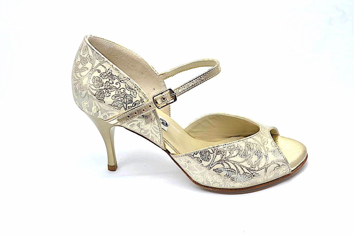 Women's Argentine Tango Shoe, peep toe style, in beige suede leather with gold floral paisley prints
