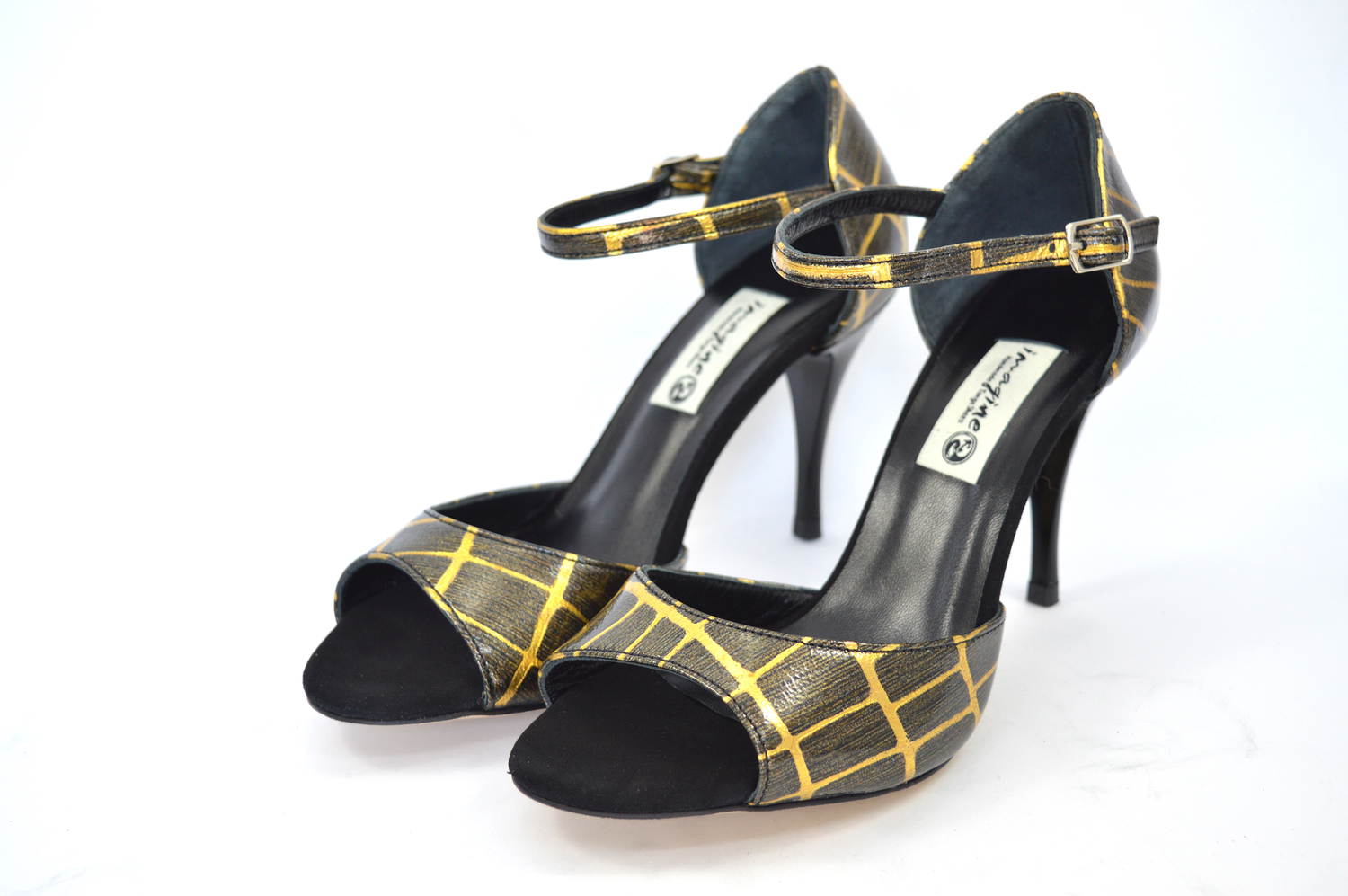 Γυναικείο παπούτσι χορού tango, open toe από πολύ ιδιαίτερο χρυσό-καφέ δέρμα και μαύρο σουέτ δέρμα
