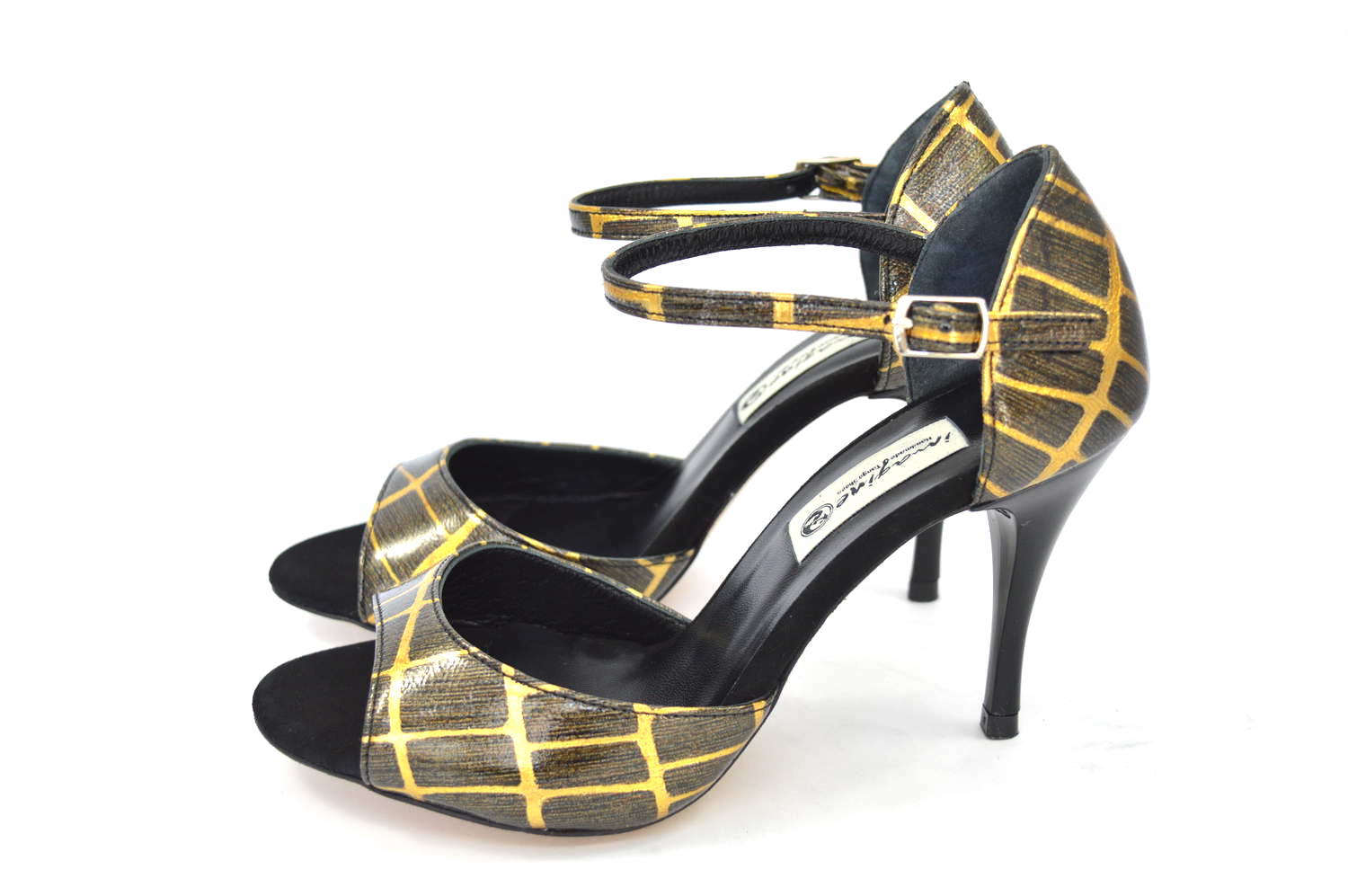 Women Argentine Tango Dance Shoes, in special gold-brown leather and black suede leather