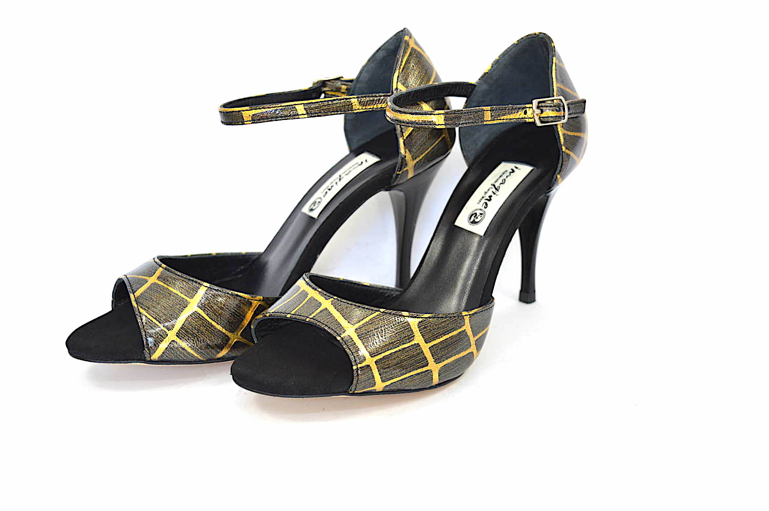 Γυναικείο παπούτσι χορού tango, open toe από πολύ ιδιαίτερο χρυσό-καφέ δέρμα και μαύρο σουέτ δέρμα