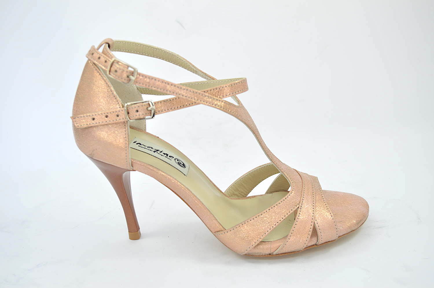 Γυναικείο παπούτσι tango argentino, open toe από μπεζ-ροζ-χρυσό μαλακό δέρμα