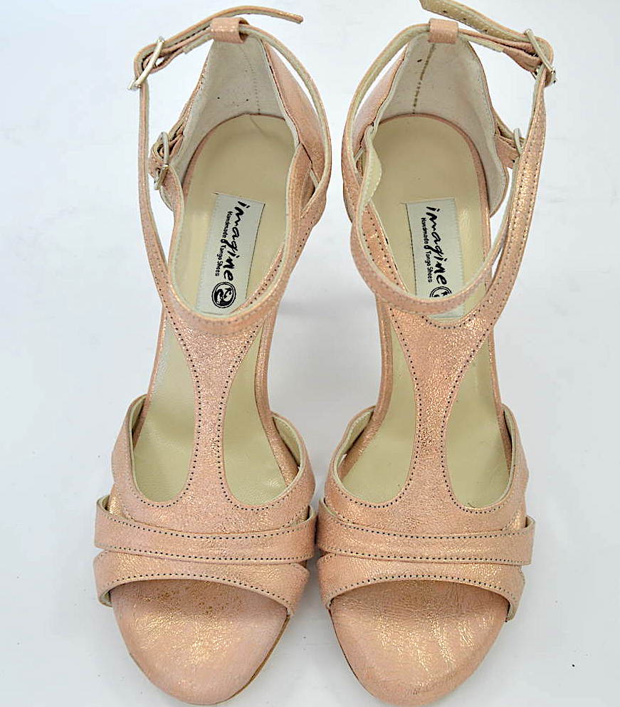 Γυναικείο παπούτσι tango argentino, open toe από μπεζ-ροζ-χρυσό μαλακό δέρμα
