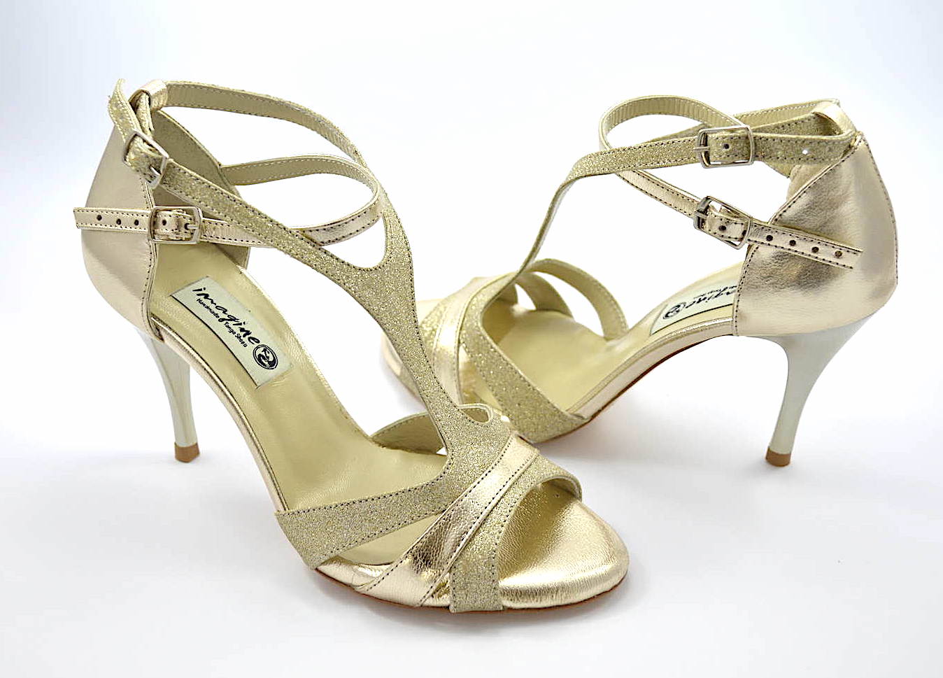 Γυναικείο παπούτσι tango argentino, open toe από ανοιχτό χρυσό δέρμα και ανοιχτό χρυσό γκλίτερ