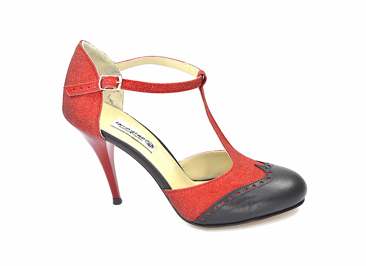Γυναικείο παπούτσι tango closed toe από κόκκινο γκλίτερ και μαύρο δέρμα