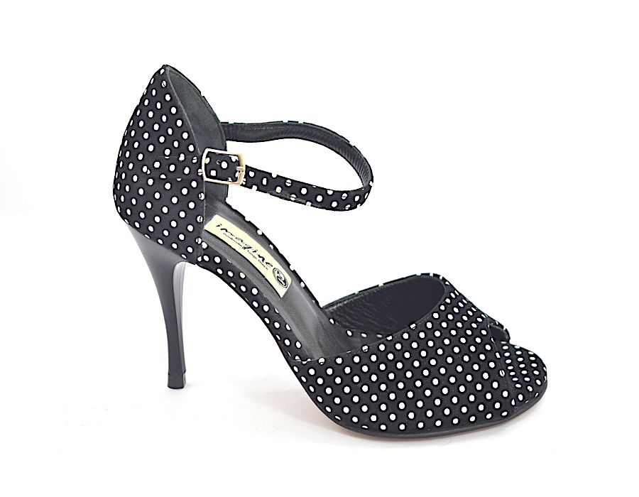 Women's Tango Shoe, peep toe style, in black-white polka dots leather