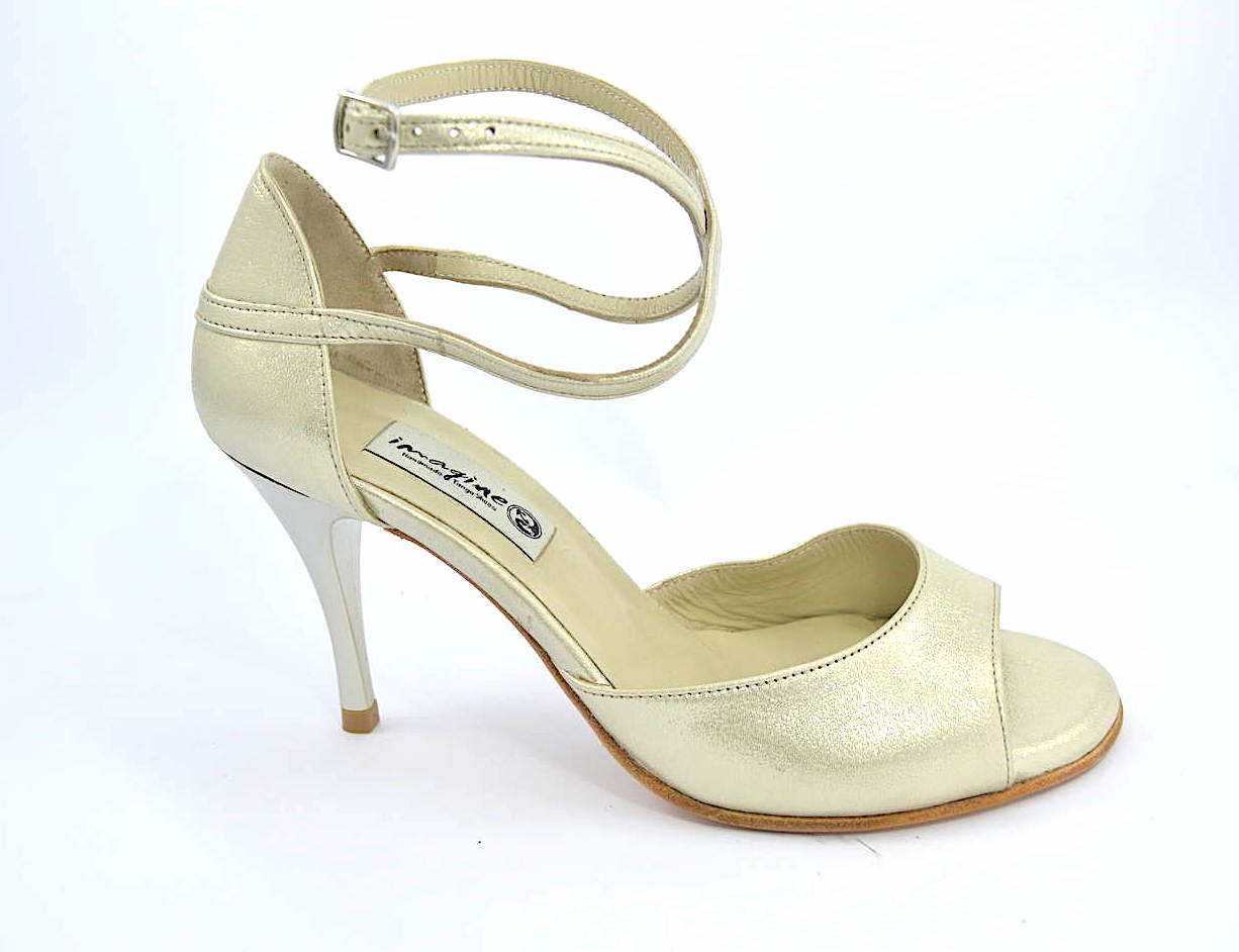 Γυναικείο παπούτσι Tango, open toe από μπεζ-χρυσό δέρμα πέρλα