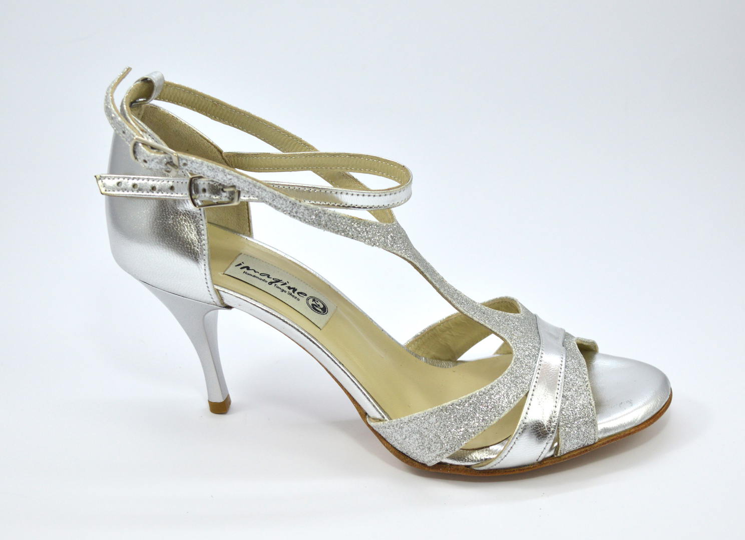 Women tango shoe, in silver soft leather and silver glitter leather