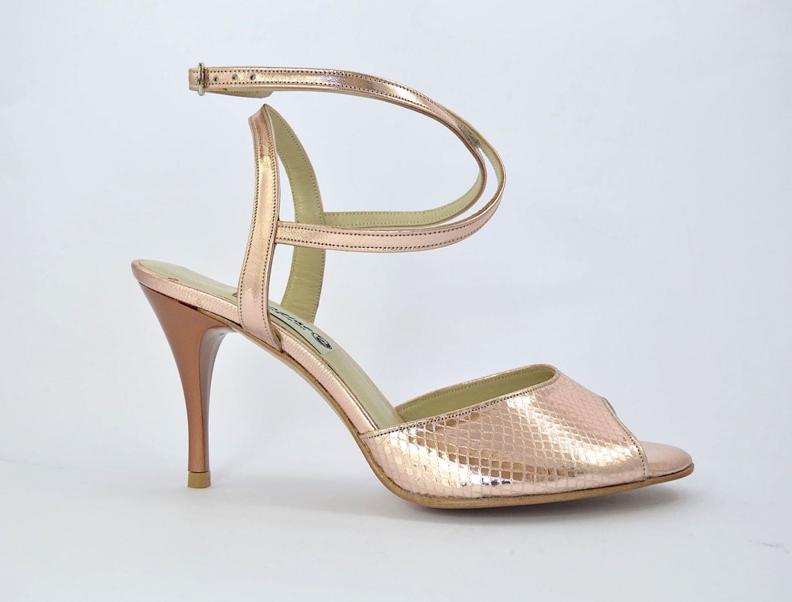 Women's tango dance shoes, open heel, in rose-gold soft snake leather