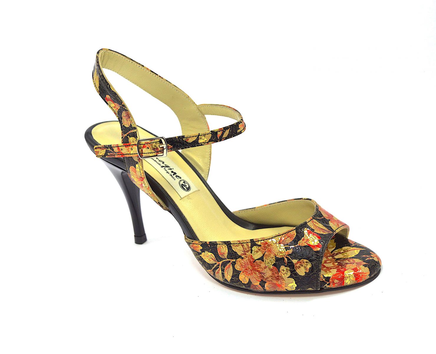 Women's tango shoes, open heel, in gold-black-red floral leather