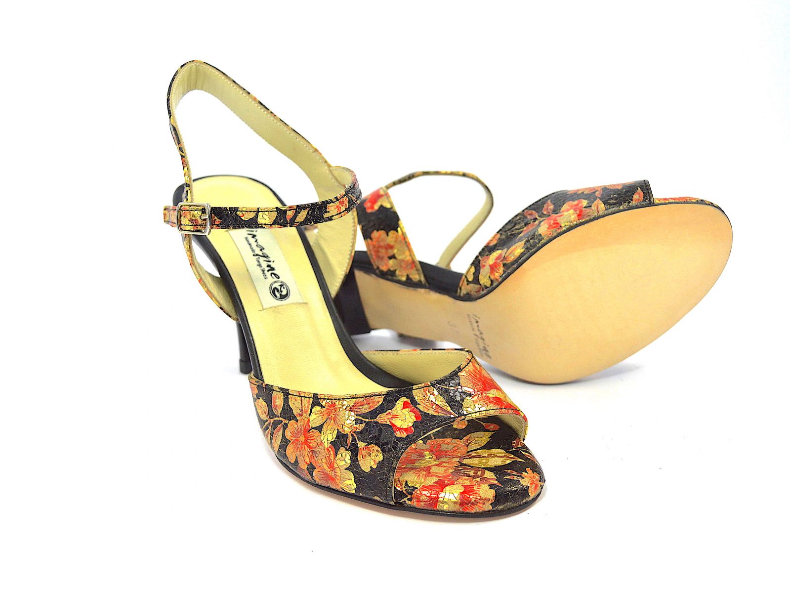 Γυναικείο παπούτσι τάνγκο από φλοράλ μαύρο-χρυσό-κόκκινο δέρμα