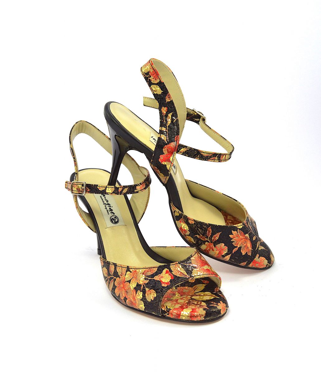 Women's tango shoes, open heel, in gold-black-red floral leather