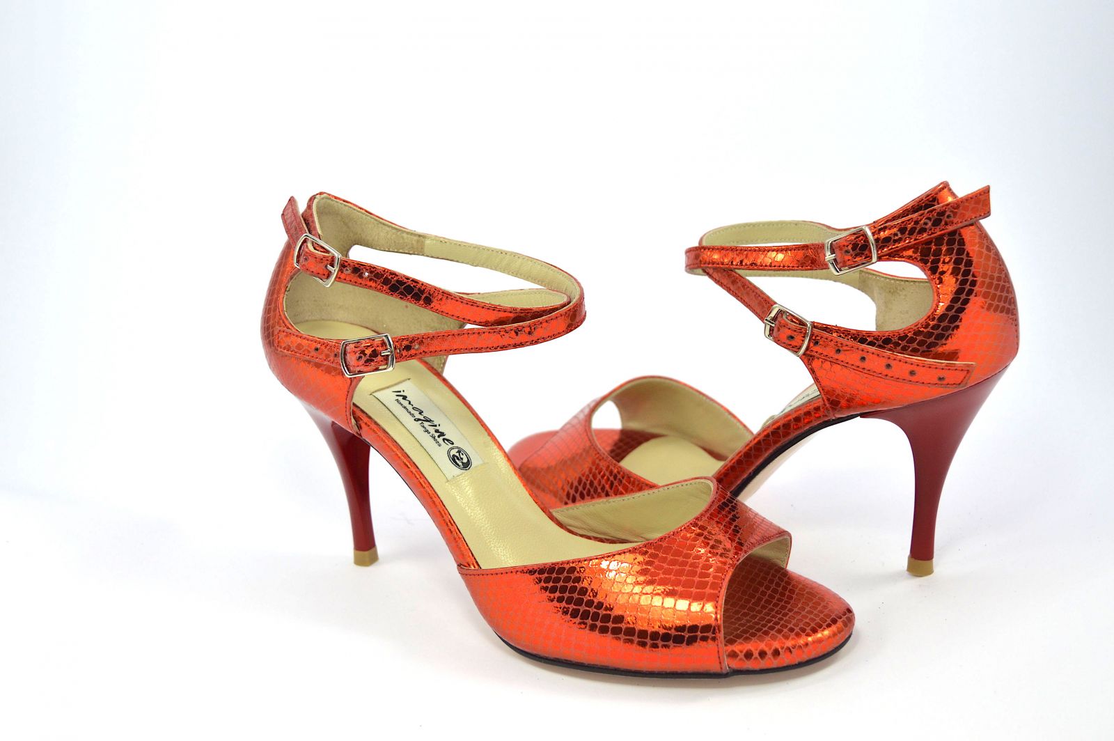 Women tango heels, open toe, in red faux snake leather