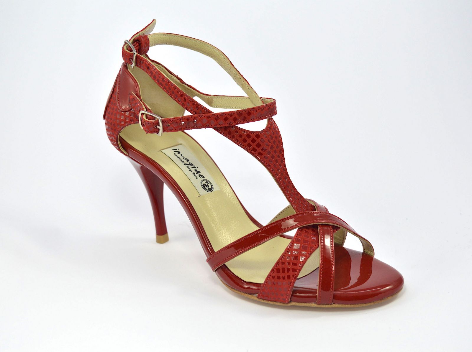 Women tango shoes in red faux snake leather and red patent leather