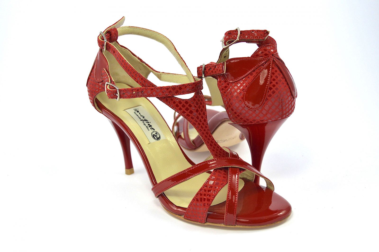 Women tango shoes in red faux snake leather and red patent leather