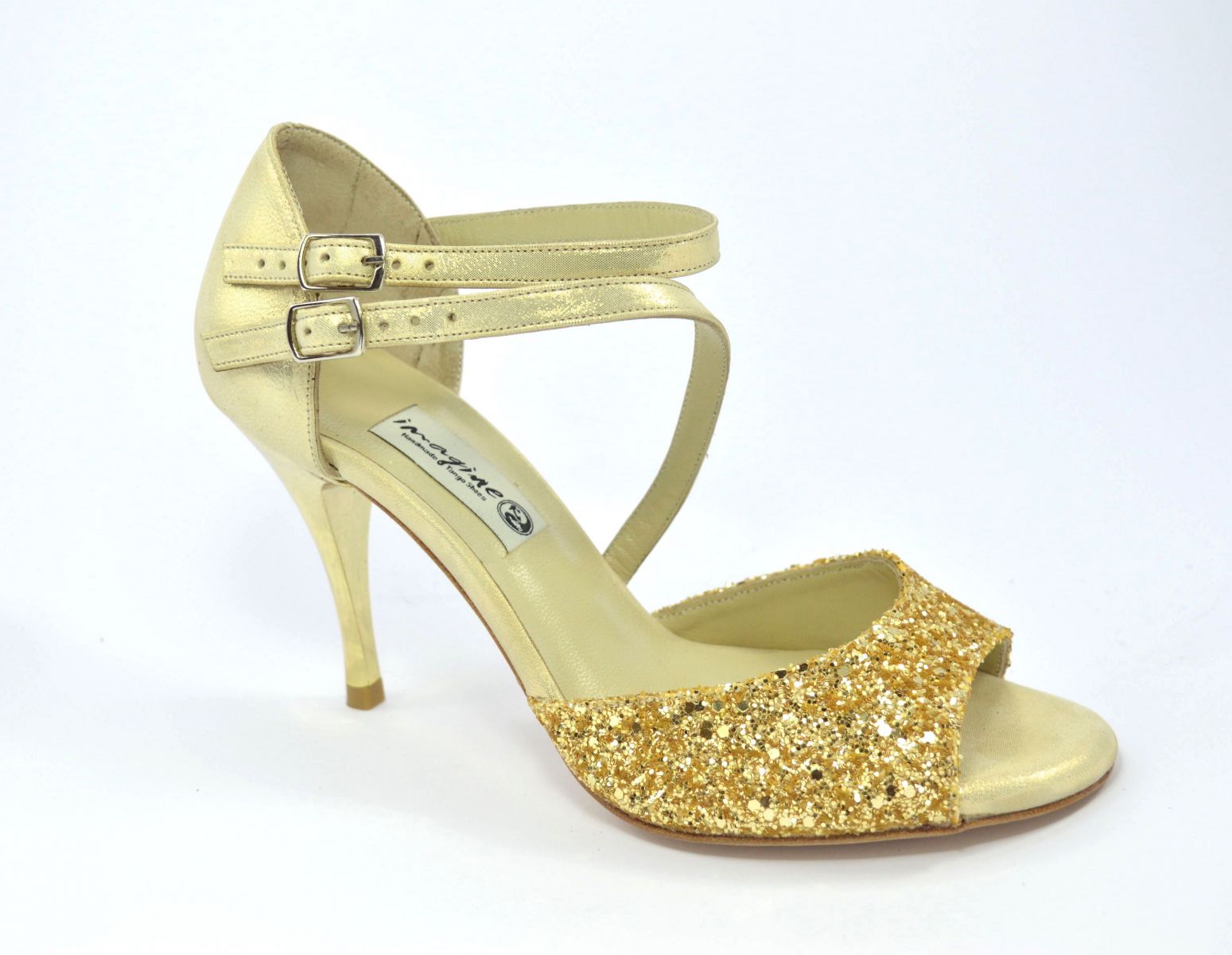 Γυναικείο παπούτσι αργεντίνικου τάνγκο, open toe με διπλό λουράκι από ανοιχτό χρυσό δέρμα πέρλα και χρυσό γκλίτερ