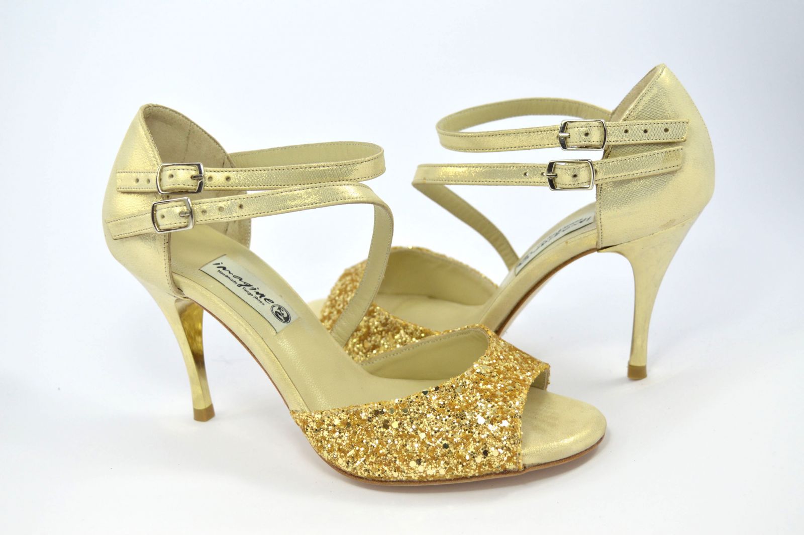 Women argentine tango shoe, open toe, with double strap, in light gold pearled leather and gold glitter 