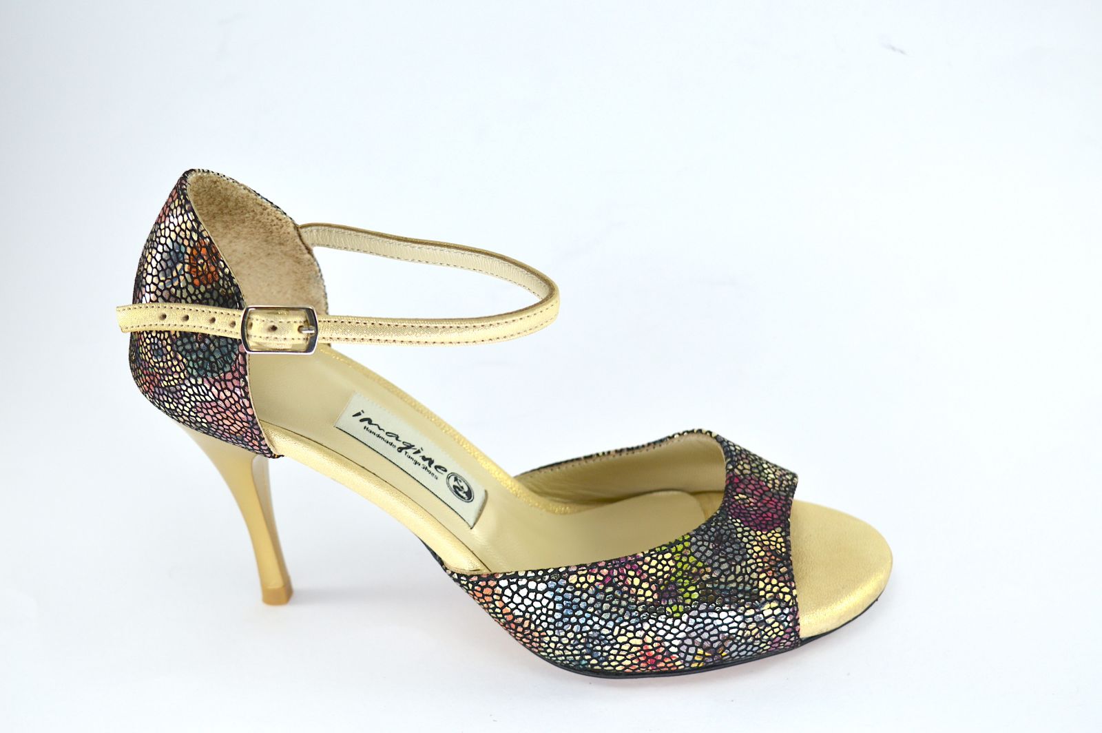 Women's  tango shoe, open toe, in gold with colourful floral leather