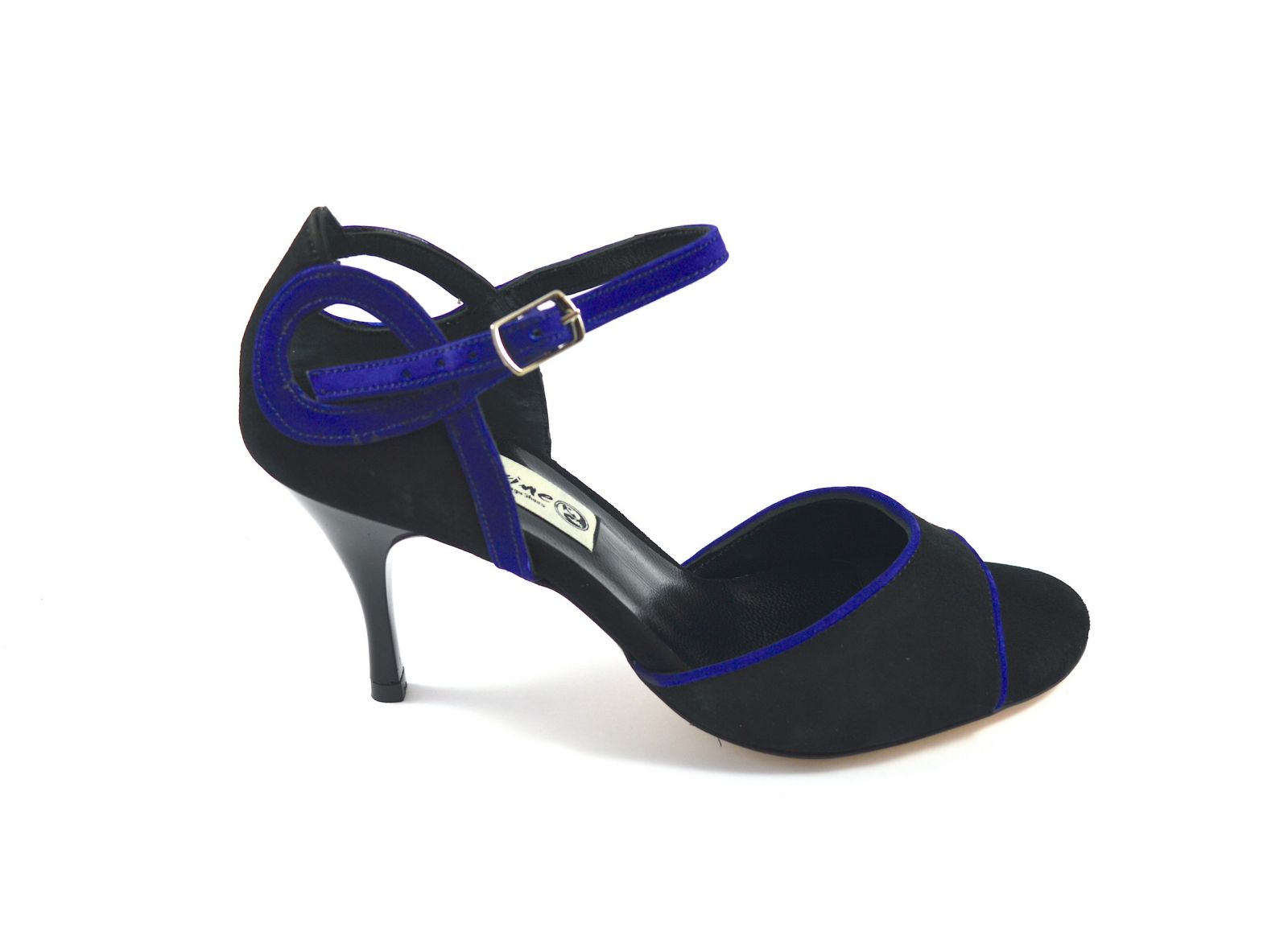 Γυναικείο παπούτσι tango open toe από μαύρο σουέτ και μπλε ρέλι
