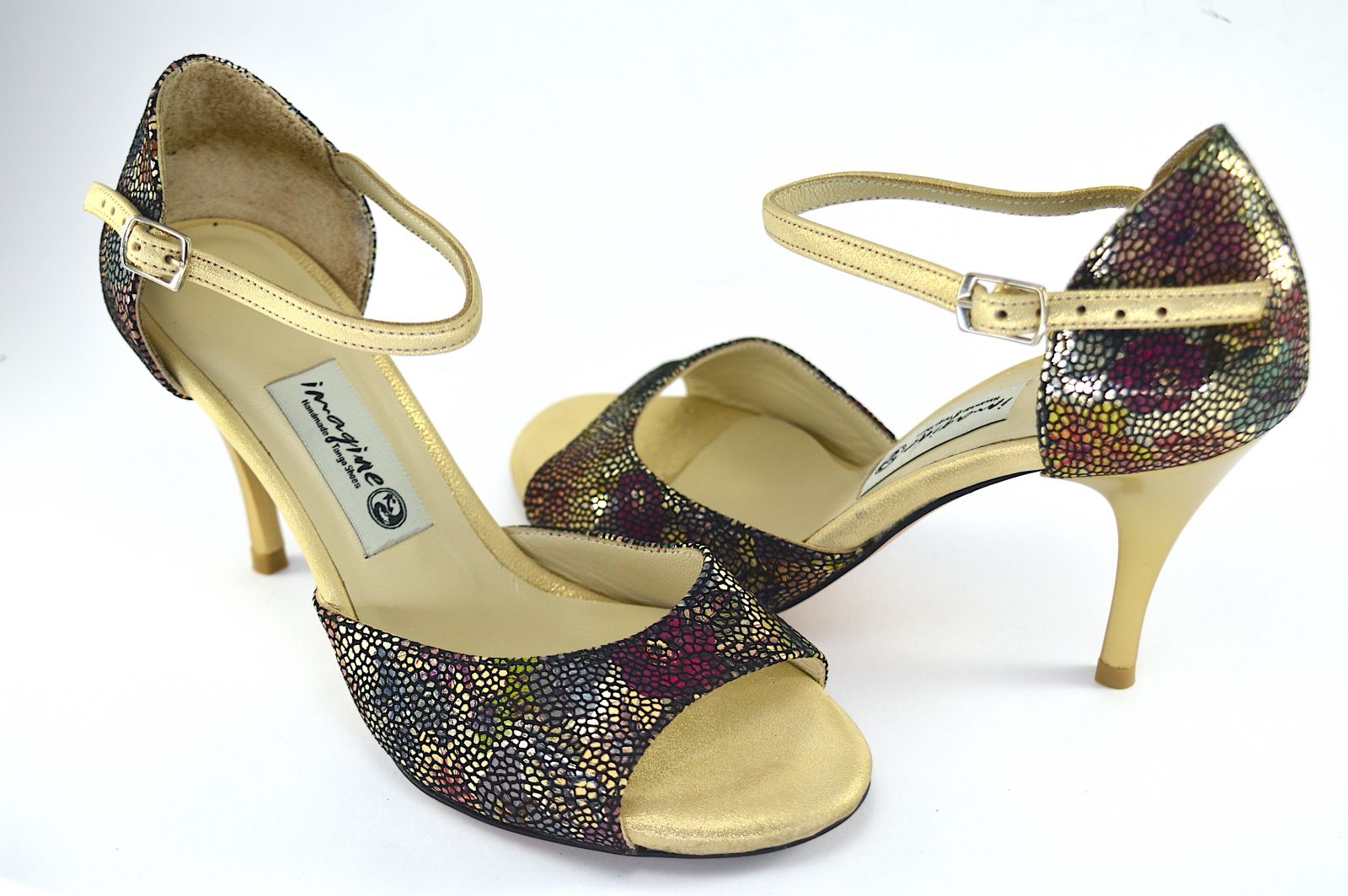 Γυναικείο παπούτσι tango open toe από χρυσό-φλοράλ δέρμα