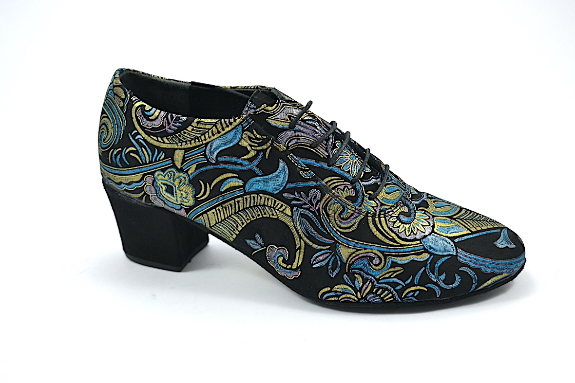 Women's Argentine Tango Shoe, oxford style, by very soft black suede leather and golden-blue prints.