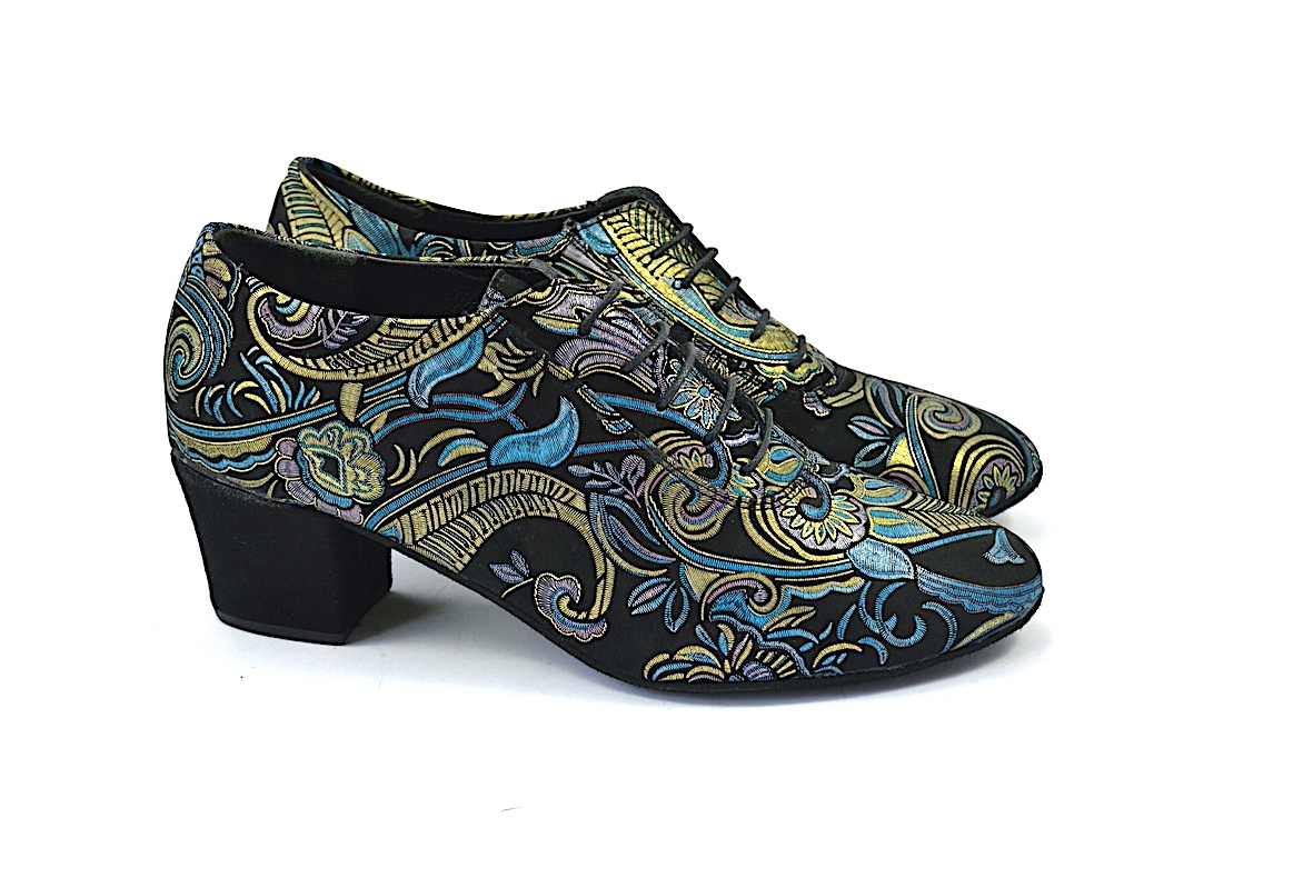 Women's Argentine Tango Shoe, oxford style, by very soft black suede leather and golden-blue prints.