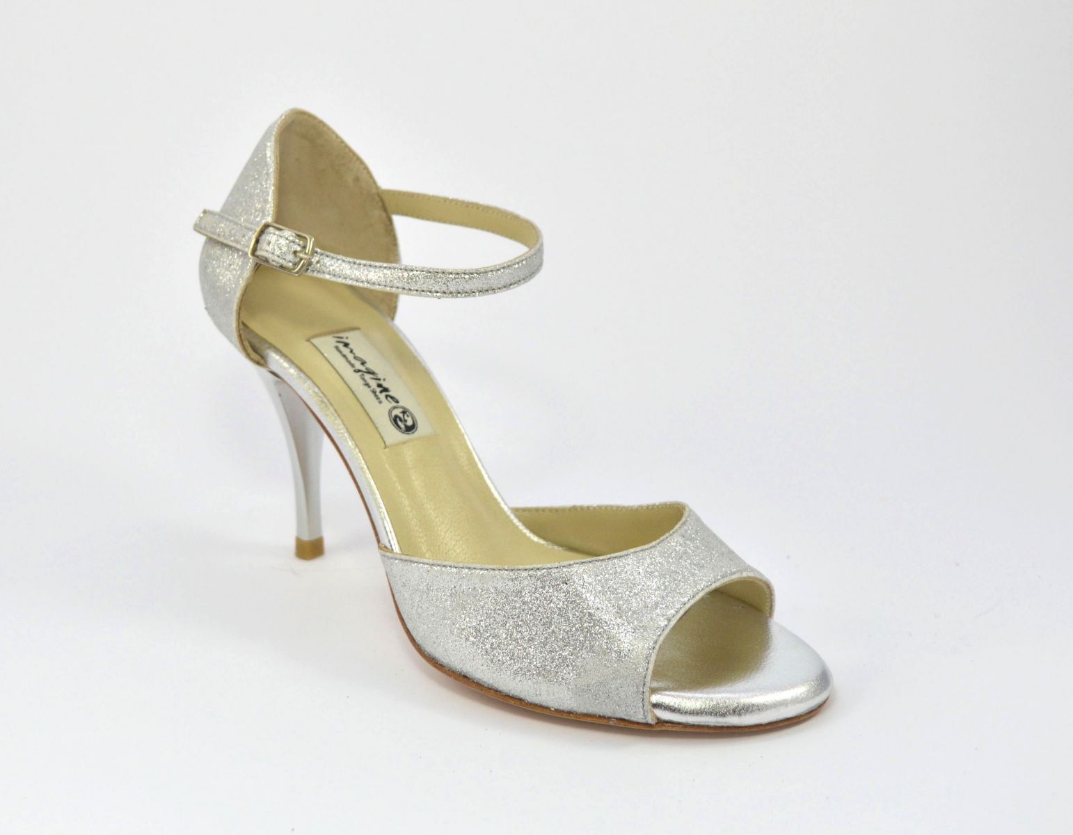 Women tango shoes, open toe, in silver glitter